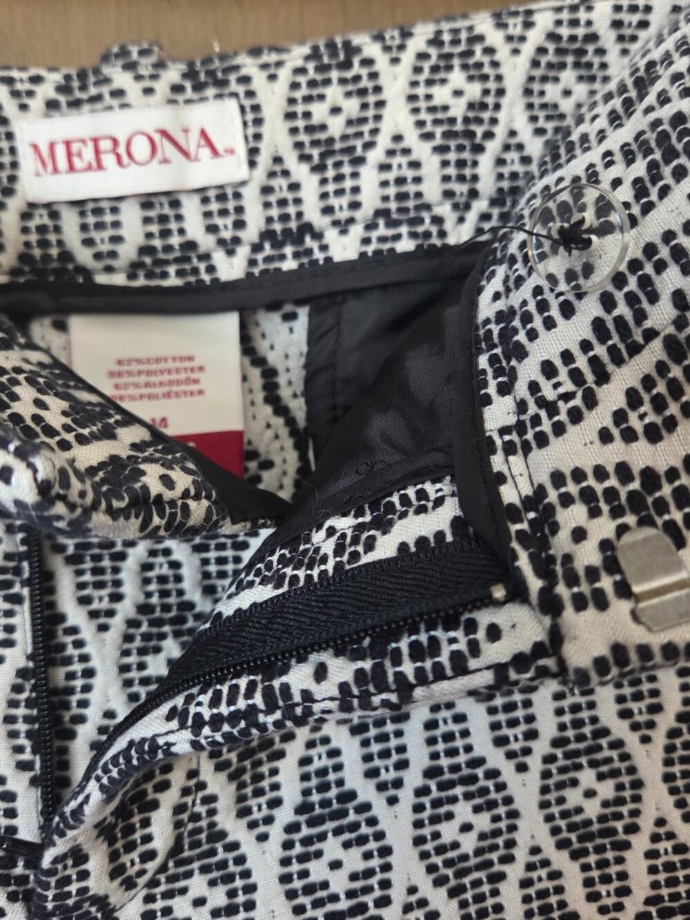 Black and White Raised Motif Print Fitted Pants